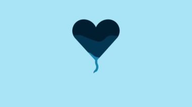 Blue Balloon in form of heart with ribbon icon isolated on blue background. Valentines day. 4K Video motion graphic animation.
