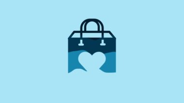 Blue Shopping bag with heart icon isolated on blue background. Shopping bag shop love like heart icon. Valentines day symbol. 4K Video motion graphic animation.