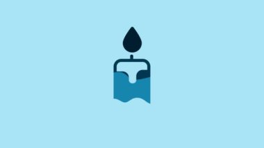 Blue Burning candle icon isolated on blue background. Cylindrical candle stick with burning flame. 4K Video motion graphic animation.