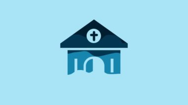 Blue Church building icon isolated on blue background. Christian Church. Religion of church. 4K Video motion graphic animation.