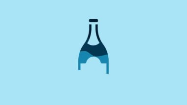 Blue Champagne bottle icon isolated on blue background. 4K Video motion graphic animation.