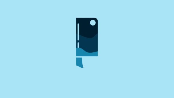 青い背景に隔離されたブルーミートチョッパーアイコン 肉用の包丁 肉屋のナイフだ ハッピーハロウィンパーティー 4Kビデオモーショングラフィックアニメーション — ストック動画