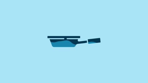 青の背景に隔離された青のフライパンのアイコン フライやローストフードのシンボル 4Kビデオモーショングラフィックアニメーション — ストック動画