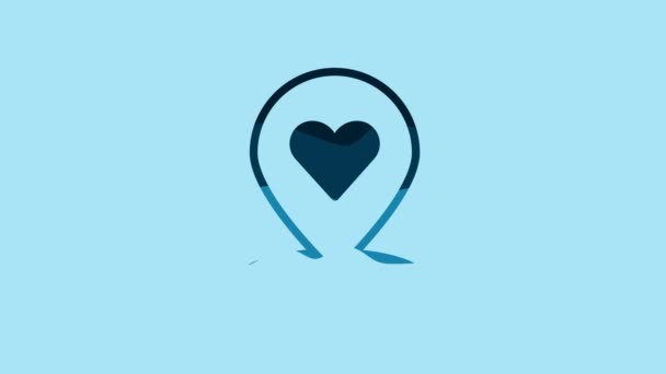 青の背景にハートアイコンが隔離された青の地図ポインタ バレンタインデー 愛の場所 ロマンチックな地図ピン 4Kビデオモーショングラフィックアニメーション — ストック動画