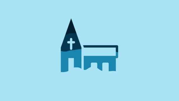Ікона Будівлі Блакитної Церкви Ізольована Синьому Тлі Християнська Церква Релігія — стокове відео
