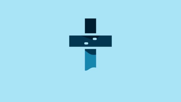 青の背景に孤立した青のキリスト教徒の十字アイコン 教会の十字架 4Kビデオモーショングラフィックアニメーション — ストック動画