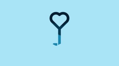 Blue Key in heart shape icon isolated on blue background. Valentines day. 4K Video motion graphic animation.