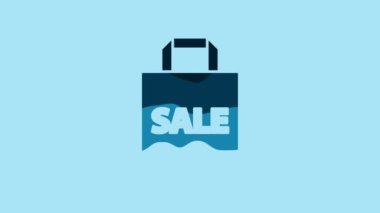 Blue Shoping bag with an inscription Sale icon isolated on blue background. Handbag sign. Woman bag icon. Female handbag sign. 4K Video motion graphic animation.