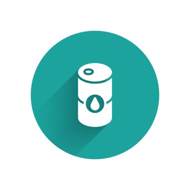 White Barrel oil icon isolated with long shadow. Green circle button. Vector.
