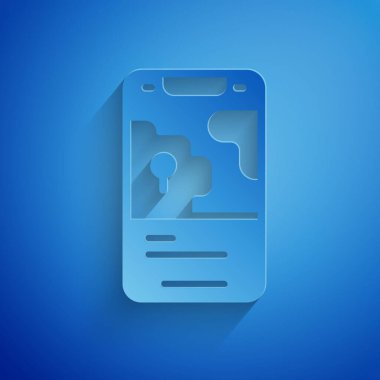 Kağıt kesimi Şehir Haritası yön bulma simgesi mavi arkaplanda izole edildi. Mobil Uygulama Arayüzü tasarımı. Coğrafi konsept. Kağıt sanatı tarzı. Vektör.