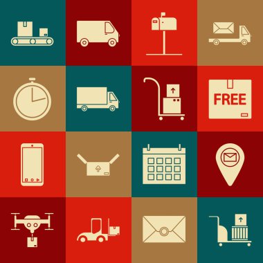Set Electric hand truck and boxes Placeholder on map paper Cardboard with free symbol Open mail Delivery cargo vehicle Stopwatch Conveyor belt cardboard and Hand icon. Vector.