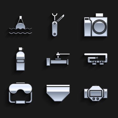 Set Industry metallic pipes and valve Swimming trunks Diving watch belt mask Aqualung Photo camera for diver and Floating buoy on the sea icon. Vector.