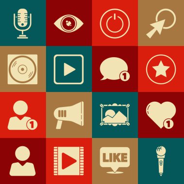 Set Microphone Like and heart Star Power button Play in square Vinyl disk and Speech bubble chat icon. Vector.