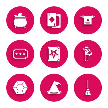 Set Ancient magic book Witch hat Witches broom Bottle with love potion Magic stone Ticket scroll and cauldron icon. Vector.