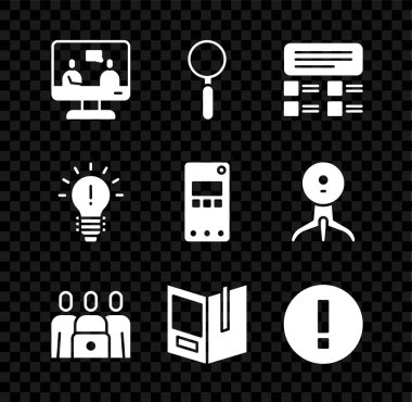 Set Online education Magnifying glass quiz test survey class Open book Information Light bulb with concept of idea and Mobile phone icon. Vector.