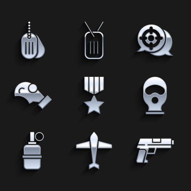 Set Military reward medal Jet fighter Pistol or gun Balaclava Hand grenade Gas mask Target sport and dog tag icon. Vector.