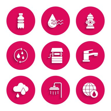 Set Well with bucket Shower Earth planet in water drop Water tap Cloud rain Recycle clean aqua Fire hydrant and Bottle of icon. Vector.