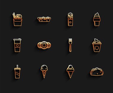 Set line Paper glass with drinking straw and water Ice cream waffle cone Asian noodles paper box chopsticks Taco tortilla Donut sweet glaze Popcorn cardboard and Fork icon. Vector.