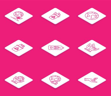 Set line Earth globe and plant Recycle bin with recycle symbol can Stop ocean plastic pollution Sprout hand of environmental protection Human hands holding and Planet earth recycling icon. Vector.