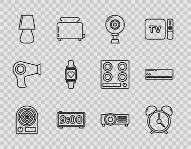 Set line Electric heater Alarm clock Web camera Digital alarm Table lamp Smart watch showing heart beat rate and Air conditioner icon. Vector.