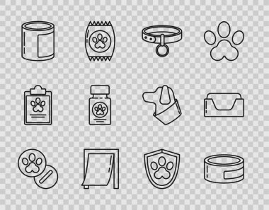 Set line Dog and pills Canned food Collar with name tag Door for pet medicine bottle Animal health insurance and Pet bed icon. Vector.