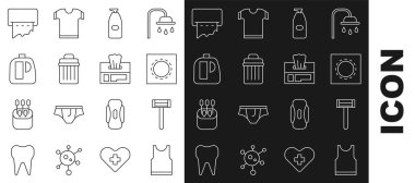 Set line Sleeveless T-shirt Shaving razor Condom package safe sex Bottle of liquid antibacterial soap Trash can Bottles for cleaning agent Paper towel dispenser wall and Wet wipe icon. Vector.