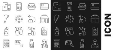 Set line Seller Bottle of olive oil Market store Chicken egg in box Discount percent tag Scanner scanning bar code Cash register machine and Price for pear icon. Vector.