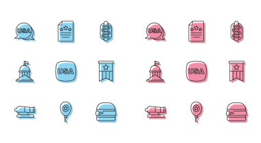 Set line Cannon Balloons USA Independence day Burger American flag White House and Declaration of independence icon. Vector.