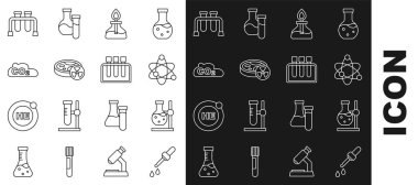 Set line Pipette Test tube flask on stand Atom Alcohol or spirit burner with toxic liquid CO2 emissions in cloud and icon. Vector.