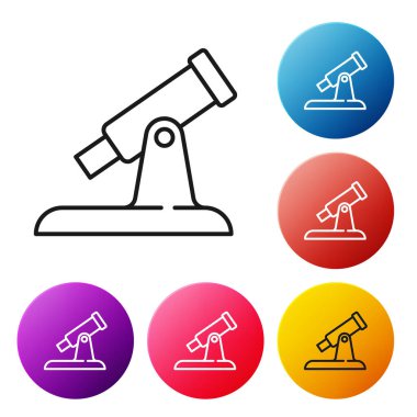 Black line Telescope icon isolated on white background. Scientific tool. Education and astronomy element, spyglass and study stars. Set icons colorful circle buttons. Vector.