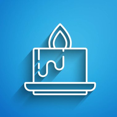 Beyaz çizgi Aroma mum simgesi mavi arkaplanda izole edildi. Uzun gölge. Vektör.