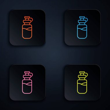 Color neon line Sport bottle with water icon isolated on black background. Set icons in square buttons. Vector.