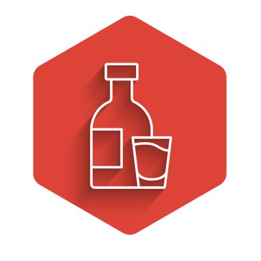 White line Bottle of vodka with glass icon isolated with long shadow. Red hexagon button. Vector.