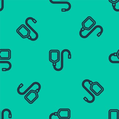 Mavi çizgi IV çanta ikonu yeşil arka planda izole edilmiş pürüzsüz desen. Kan torbası. Kan bağışı konsepti. Tedavi ve terapi kavramı, kemoterapi. Vektör.