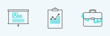 Set line Briefcase and money Board with resume and Clipboard graph chart icon. Vector.