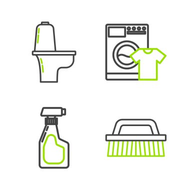 Set line Brush for cleaning Cleaning spray bottle with detergent liquid Washer and t-shirt and Toilet bowl icon. Vector.