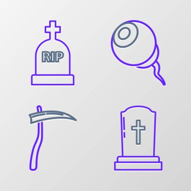 Set line Tombstone with cross Scythe Eye and RIP icon. Vector.