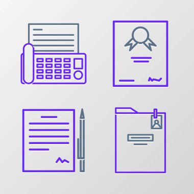 Set line Personal folder Contract with pen Certificate template and Fax machine icon. Vector.