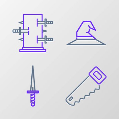Set line Hand saw Dagger Witch hat and Trunk for magic tricks icon. Vector.