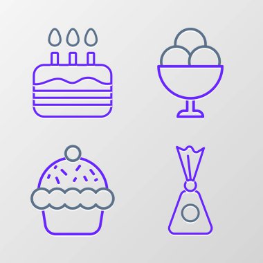Set line Candy Cupcake Ice cream in bowl and Cake with burning candles icon. Vector.