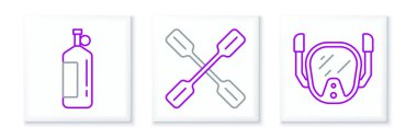 Set line Diving mask Aqualung and Paddle icon. Vector.