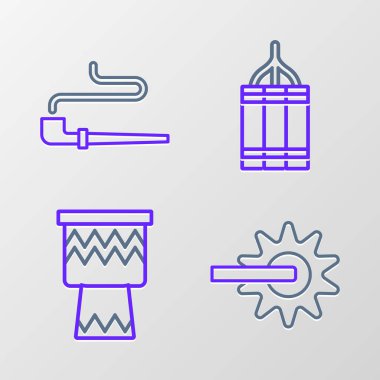 Set line Spur Drum Dynamite bomb and Smoking pipe icon. Vector.