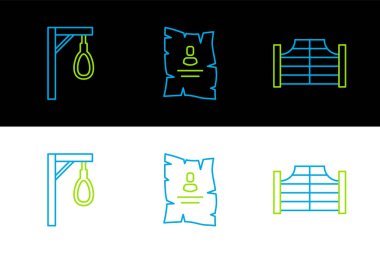 Set line Saloon door Gallows and Wanted western poster icon. Vector.