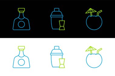 Set line Coconut cocktail Tequila bottle and Cocktail shaker icon. Vector.