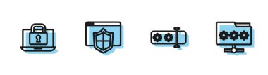Set line Password protection, Laptop and lock, Browser with shield and Folder password icon. Vector.