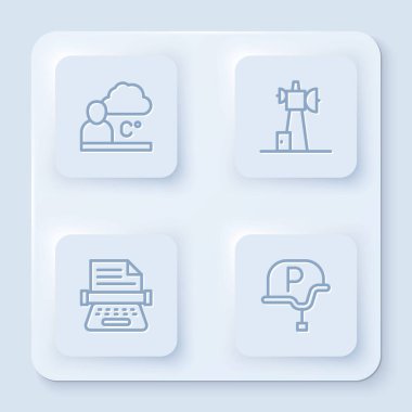 Set line Weather forecast Antenna Retro typewriter and War journalist. White square button. Vector.