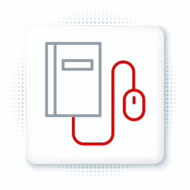 Beyaz arkaplanda fare simgesi olan Satır Elektronik kitabı. Çevrimiçi eğitim kavramı. E-kitap rozet ikonu. Renkli taslak konsepti. Vektör.