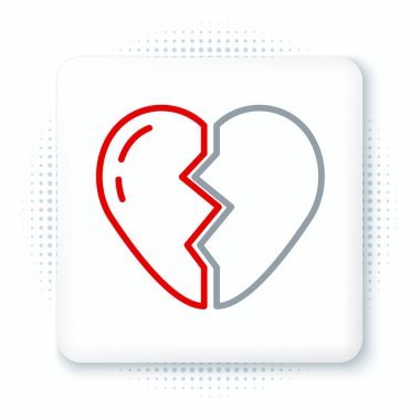Kırık kalp ya da boşanma simgesi beyaz arka planda izole edilmiş. Aşk sembolü. Sevgililer Günü. Renkli taslak konsepti. Vektör.