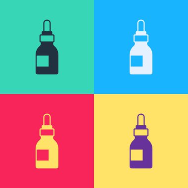 Pop art Beard and mustaches care oil bottle icon isolated on color background. Glass bottle with pipette. Vector.