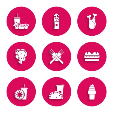 Set Crossed fork Paper glass and taco with tortilla Ice cream in waffle cone Sandwich drinking straw donut Chicken leg and hotdog icon. Vector.